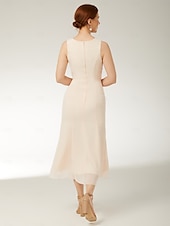preiswerte Teelänge-zweiteiliges Etui-/Säulenkleid für die Mutter der Braut, elegantes Übergrößen-Ringhalskleid in Wadenlänge, ärmelloses Chiffon-Wickelkleid mit Schärpe/Band, Falten, Perlenbesatz, 2025