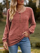 billige Kvinne Enkle Topper-Dame T skjorte عادي Mote Moderne Fritid Langermet Crew-hals Vanlige topper Daglig Helg Knapper Rosa Blå Kakifarget Sommer Vår