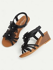 baratos Sandálias plataforma anabela-sandálias femininas estilo boêmio marrom com salto plataforma e detalhes florais - sandálias confortáveis de verão para praia e passeios casuais