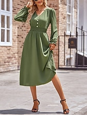 preiswerte Kleider für die Arbeit-Damen Midikleid Casual kleid A Linie Kleid Stilvoll Basic Brautkleider schlicht Urlaub Täglich Regular Fit Glatt Langarm V Ausschnitt Schwarz Armeegrün Sommer Frühling