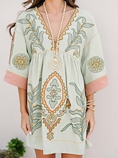 tanie Sukienki boho-Damskie Sukienka mini Codzienne sukienki Sukienka Boho Bohema Zabytkowe Codzienny Urlop Codzienny Regularny Kwiaty Rękaw 3/4 W serek Fuksja Pomarańczowy Zielony Wiosna Jesień