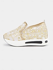 cheap Bride-Women's Glitter Lace Slip-On Platform Sneakers – Dressy Comfort Walking Shoes for Wedding Guests, Parties &amp; Travel (Gold/Black/Silver/Pink/White)