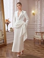 preiswerte Teelänge-Blazer-Kleid A-Linie Abendkleid Elegantes Kleid Tuxedo-Kleid Formal Hochzeit Gast Bodenlange Lange Ärmel V-Ausschnitt Satin mit Strass 2025