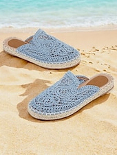 olcso Női topánkák és bebújós cipők-női kék horgolt espadrill lapos hálós részlettel, bohó stílusú bebújós nyári cipő strandra és hétköznapi viseletre