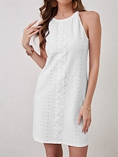 abordables Vestidos de encaje blanco-Mujer vestido largo vestido largo Vestido de encaje Vestido informal Elegante Casual Vacaciones Diario Ajuste regular Plano Sin Mangas Cuello Barco Blanco Verano Primavera