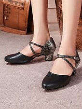 abordables Chaussures de danses latines-chaussures de danse latine classiques en cuir noir pour femmes avec semelle en daim souple et brides croisées | parfaites pour l&#039;entraînement et les performances