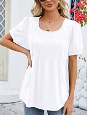 preiswerte Damen Einfache Oberteile-Damen Hemd Bluse Feste Farbe Basic Brautkleider schlicht Kurzarm Rundhalsausschnitt Normale Oberteile Täglich Rüschen Weiß Wein Marineblau Sommer Frühling