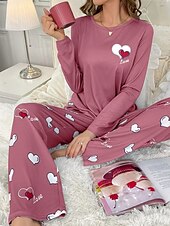 billiga Sovkläder till damer-Dam Pyjamas set Ledigt Komfort Comfrt Hjärta T-shirt Byxa Hem Långärmad Rund hals Rodnande Rosa Vår Höst Vinter