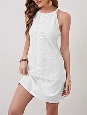 abordables Vestidos de encaje blanco-Mujer vestido largo vestido largo Vestido de encaje Vestido informal Elegante Casual Vacaciones Diario Ajuste regular Plano Sin Mangas Cuello Barco Blanco Verano Primavera