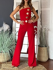 cheap Jumpsuits-Women&#039;s Normal Jumpsuit Elegant Solid Color Sleeveless Wide Leg Strapless Buttons Daily Regular Fit Black White Red Summer