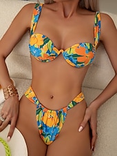 billiga Bikiniset-Dam Badkläder Bikini 2 st G-string Baddräkt Öppen rygg Smal Semester Standkläder Blommig Halterneck Ärmlös Baddräkter