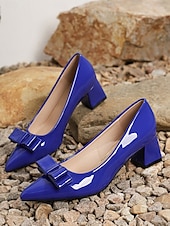 levne Block Heels-dámské elegantní levandulové lodičky z lakované umělé kůže – špicovité podpatky s mašličkovým designem, ideální do kanceláře, na večírky a formální příležitosti