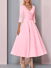 voordelige Vloerlengte-Strand Bruiloft A-Lijn Gouden Jurken Moeder van de Bruid Jurk Bruiloft Gast Elegante Vintage Plus Size V Hals Thee Lengte Satin 3/4 Lengte Mouw met Plissé dress to impress 2025 gratis op maat gemaakt