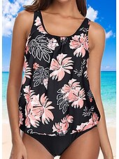 billiga Tankinis-Dam Badkläder Tankini 2 st Kaxig Baddräkt Rynkad Semester Standkläder Blommig Grafisk U-hals Ärmlös Baddräkter