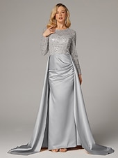 preiswerte Sekt-Meerjungfrau Abendkleid Elegantes Kleid Karneval Maskerade bodenlang langärmlig Illusions-Ausschnitt Champagner Brautmutter Kleid Satin mit Perlen Überrock