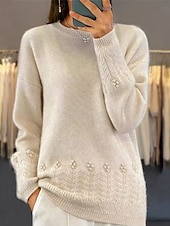 cheap Solid Colors-Women&#039;s Sweater Casual Soft Pure Color Ribbed Crew Neck Knitted Long Sleeve Regular Tops Knit Outdoor Daily Weekend Pink Blue Fall Winter