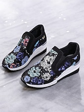 levne Dámské tenisky-dámské květinové flitrové slip-on tenisky - pohodlné třpytivé ležérní boty s klínovou podrážkou, ideální na procházky nebo párty