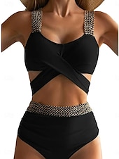 tanie Zestawy bikini-Damskie Stroje kąpielowe Bikini 2 szt Bezczelny Kostium kąpielowy Odkryte plecy Szczupła Urlop Stroje plażowe Jednokolorowe Dekolt w kształcie litery U Bez rękawów Kostiumy kąpielowe
