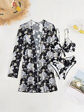 voordelige 3-delige bikiniset-Dames Zwemkleding Driedelig Zwempak Buikcontrole Hoge taille Vakantie Strand Kleding Grafisch V-hals Lange mouw Badpakken