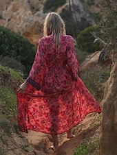 preiswerte Kleider für die Ferien-Damen Blumen V-Ausschnitt Maxikleid Langarm Sommer Frühling