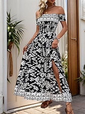 olcso Bohém ruhák-Női Maxiruha hétköznapi ruha Boho elegáns ruhák A vonalú ruha Boho ruha Csehország Stílusos Alkalmi Vakáció Napi Laza öltözet Grafika Rövid ujjú Aszimmetrikus Fekete Nyár Tavasz