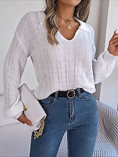 cheap Solid Colors-Women&#039;s Sweater Casual Soft Pure Color Ribbed V Neck Knitted Long Sleeve Regular Tops Knit Outdoor Daily Weekend White Orange Spring Fall