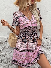 levne Boho šaty-Dámské Dlouhé šaty Maxi šaty Volnočasové šaty Boho šaty stylové Na běžné nošení Dovolená Párty Denní Volný Grafika Krátký rukáv Do V Černá Léto Jaro