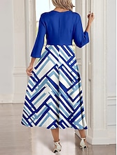 abordables Robe Rayée et Géométrique-Robe midi femme Robe en A Robe décontractée Robe semi-formelle Robe de travail Fit régulier Géométrique Manches 3/4 Col en V Bleue Été Printemps Automne