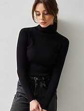 abordables Couleurs unies-Femme Pull Chandail Décontractées Flexible Couleur monochrome A côtes Col Roulé Tricoté manche longue Hauts réguliers Tricoter Extérieur du quotidien Fin de semaine Noir Blanche Automne Hiver