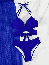 preiswerte 3-teiliges Bikini-Set-Damen Badeanzug Bikinis Drei Stück Rock Bademode Rückenfrei Schlank Urlaub Strandbekleidung Feste Farbe Halfterhals Ärmellos Badeanzüge