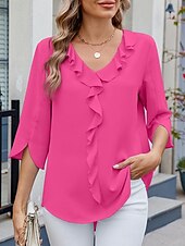 billige Kvinne Enkle Topper-Dame Skjorte Bluse Helfarge Grunnleggende Fritid 3/4 ermer V-hals Vanlige topper Daglig Drapering Lapper Himmelblå Fuksia Grønn Sommer Vår
