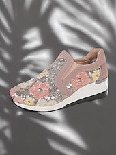levne Dámské tenisky-dámské květinové flitrové slip-on tenisky - pohodlné třpytivé ležérní boty s klínovou podrážkou, ideální na procházky nebo párty