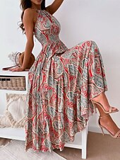 levne Boho šaty-Dámské Maxi šaty Volnočasové šaty Boho Chic šaty Boho šaty Čechy Roztomilý stylové Dovolená Denní Plážové Volný Grafika Bez rukávů Krk ohlávky Rubínově červená Vodní modrá Léto Jaro Podzim
