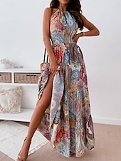 levne Boho šaty-Dámské Maxi šaty Volnočasové šaty Boho Chic šaty Boho šaty Čechy Roztomilý stylové Dovolená Denní Plážové Volný Grafika Bez rukávů Krk ohlávky Rubínově červená Vodní modrá Léto Jaro Podzim