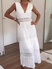 levne Bílé krajkové šaty-Dámské Maxi šaty Bílé šaty Krajkové šaty Boho šaty Šik ven Plážové Běžný Pevná barva Do V Bílá Léto