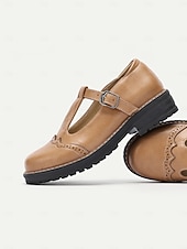 abordables Années 1950-chaussures Mary Jane en similicuir marron clair pour femmes avec bride en T et détails brogue, semelle robuste pour un port quotidien confortable et des tenues de style vintage