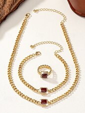 baratos Colar Feminino-conjunto de joias de corrente de ouro feminino com pedra preciosa quadrada vermelha – colar, pulseira e anel para casamentos, festas e ocasiões elegantes