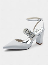 cheap Formal-Women&#039;s Black Satin Pointed Toe Heels – Rhinestone Embellished Ankle Strap Chunky Heels for Evening Parties and Weddings