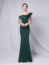 abordables VERT-Robe de soirée sirène  trompette robe élégante formelle mariage longueur de sol manches 3/4 une épaule crêpe extensible avec volants 2025