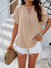 preiswerte Damen Arbeitsoberteile-Damen Hemd Bluse Feste Farbe Basic Brautkleider schlicht Kurzarm Gekerbter Hals Normale Oberteile Täglich Rüsche Rosa Blau Khaki Sommer