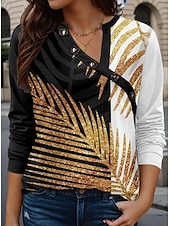 billige Stripe og geometrisk t-skjorte-Dame T skjorte Grafisk Fritid Langermet V-hals Vanlige topper Feriereise Daglig Knapper Trykt mønster Gul Vår &amp; Vinter
