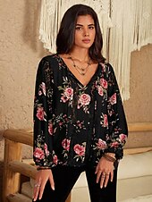 economico Top in Pizzo-Bluse Eleganti in Pizzo per Donna con Occhielli Blusa per San Valentino Top Regolari a Maniche Lunghe Maniche a Lanterna Collo a V Patchwork Fit aderente per il lavoro Top Petits Romantici da