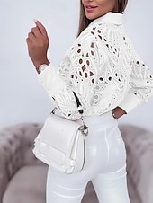 tanie Koronkowe topy-Damskie Bluzka Otwór Pusty Jednolity/zwykły kolor Elegancja Koronka W serek Codzienny Czarny Biały Brudny róż Wiosna i jesień