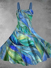 abordables Robes fleuries décontractées-robe midi à bretelles à imprimé graphique pour femme élégante décontractée vacances maison sans manches été