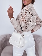 tanie Koronkowe topy-Damskie Bluzka Otwór Pusty Jednolity/zwykły kolor Elegancja Koronka W serek Codzienny Czarny Biały Brudny róż Wiosna i jesień