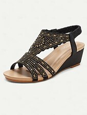 cheap Vacation Sandals-Women&#039;s Bohemian Rhinestone Wedge Sandals – Sparkly Elastic Strap Open-Toe Shoes for Summer, Beach, Casual &amp; Evening Wear