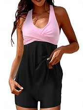 preiswerte Schwimmresse-Damen Badeanzug Badekleider Bademode Rückenfrei Patchwork Elegant Modisch Farbblock Halfterhals Ärmellos Badeanzüge