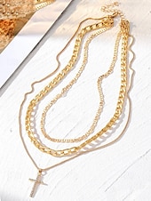 cheap Women&#039;s Necklace-Layered Gold Chain Necklace Set with Cross Pendant and Simulated Rhinestone Accents – Fashionable Jewelry for Women, Perfect for Parties, Everyday Wear, and Special Occasions
