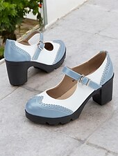 olcso Block Heels-női kék-fehér mary jane vaskos sarkú cipő brogue részletekkel, vintage stílusú kényelmes pumpák irodába, bulikba és mindennapi viseletre