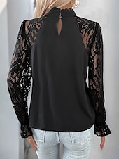 cheap Lace Tops-Women&#039;s Shirt Blouse Solid Color Basic Casual Long Sleeve Turtleneck Regular Tops Daily Lace Patchwork Black Summer Spring
